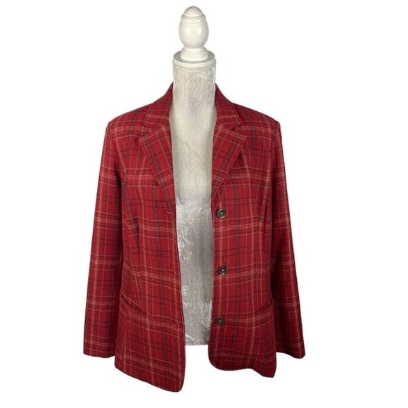Eddie Bauer Vintage Red Plaid Blazer Wool Academic Professor Holiday Christmas L - Picture 8 of 13